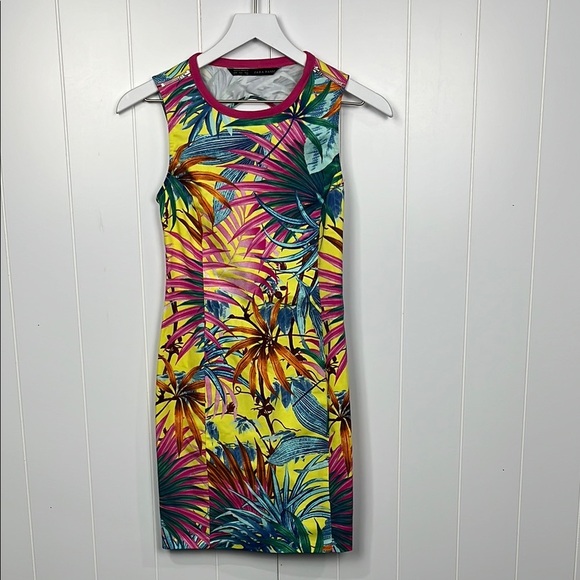 Zara Basic Bodycon Dress S Pink Yellow Tropical Open Back Fitted Racerback Mini - Picture 1 of 10